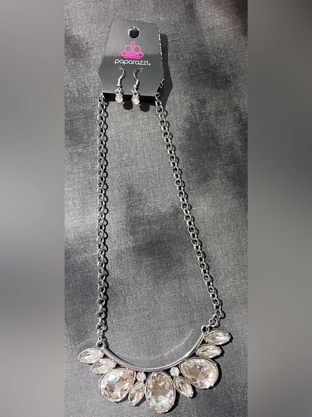 Paparazzi Silver Crystal Teardrop Bib Necklace with Matching Earrings